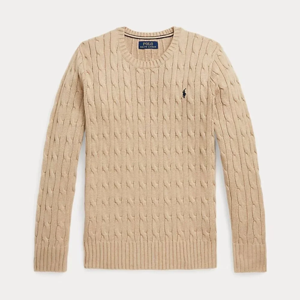NWT Polo Ralph Lauren Cable-Knit Crewneck Cotton Sweater - New Camel Melange